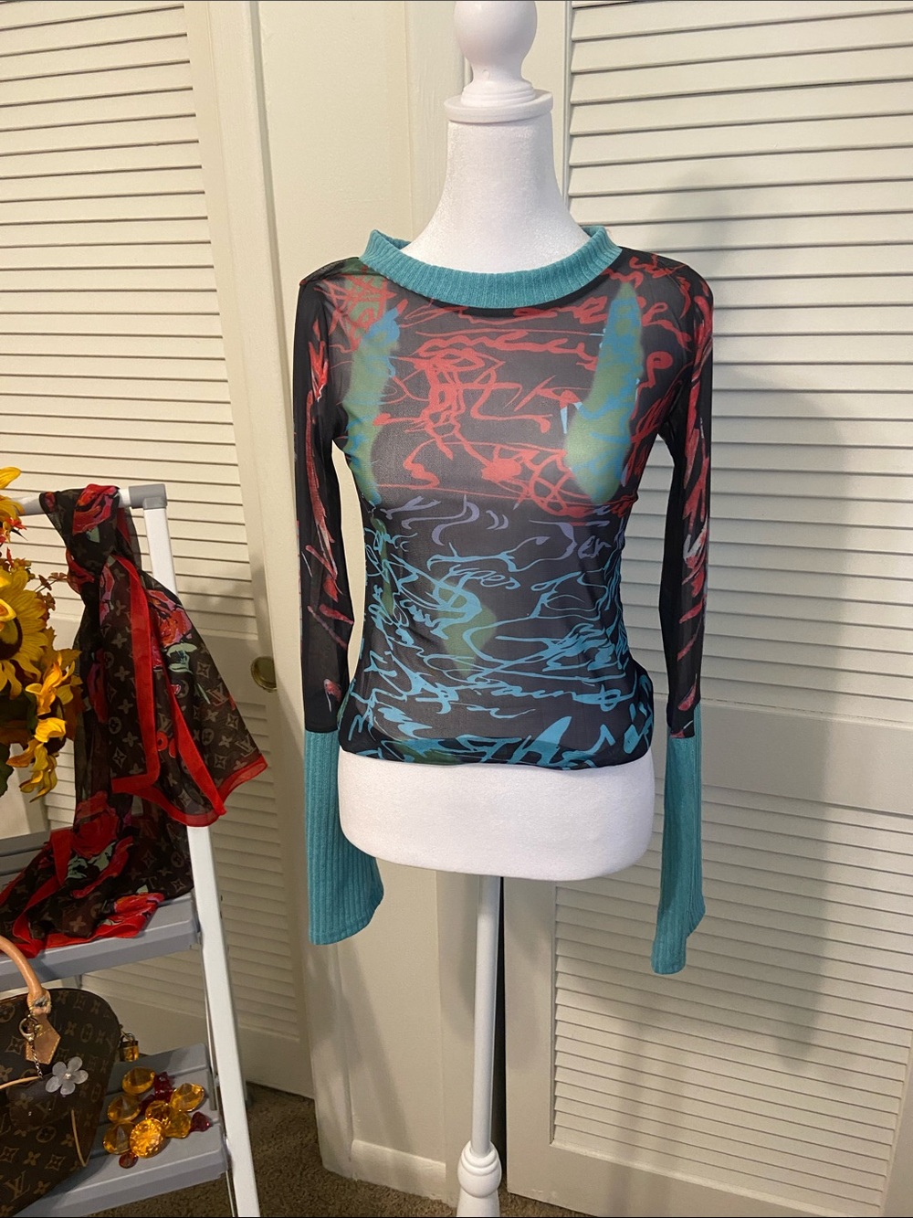 Sheer Abstract Print Long-Sleeve Top with Teal Trim